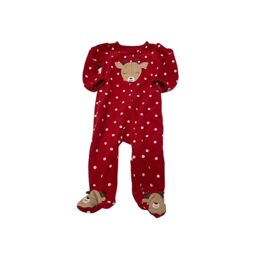 Carters Girl Red Fleece Polka Dot Deer Footie Pajamas Onesie 6-9M